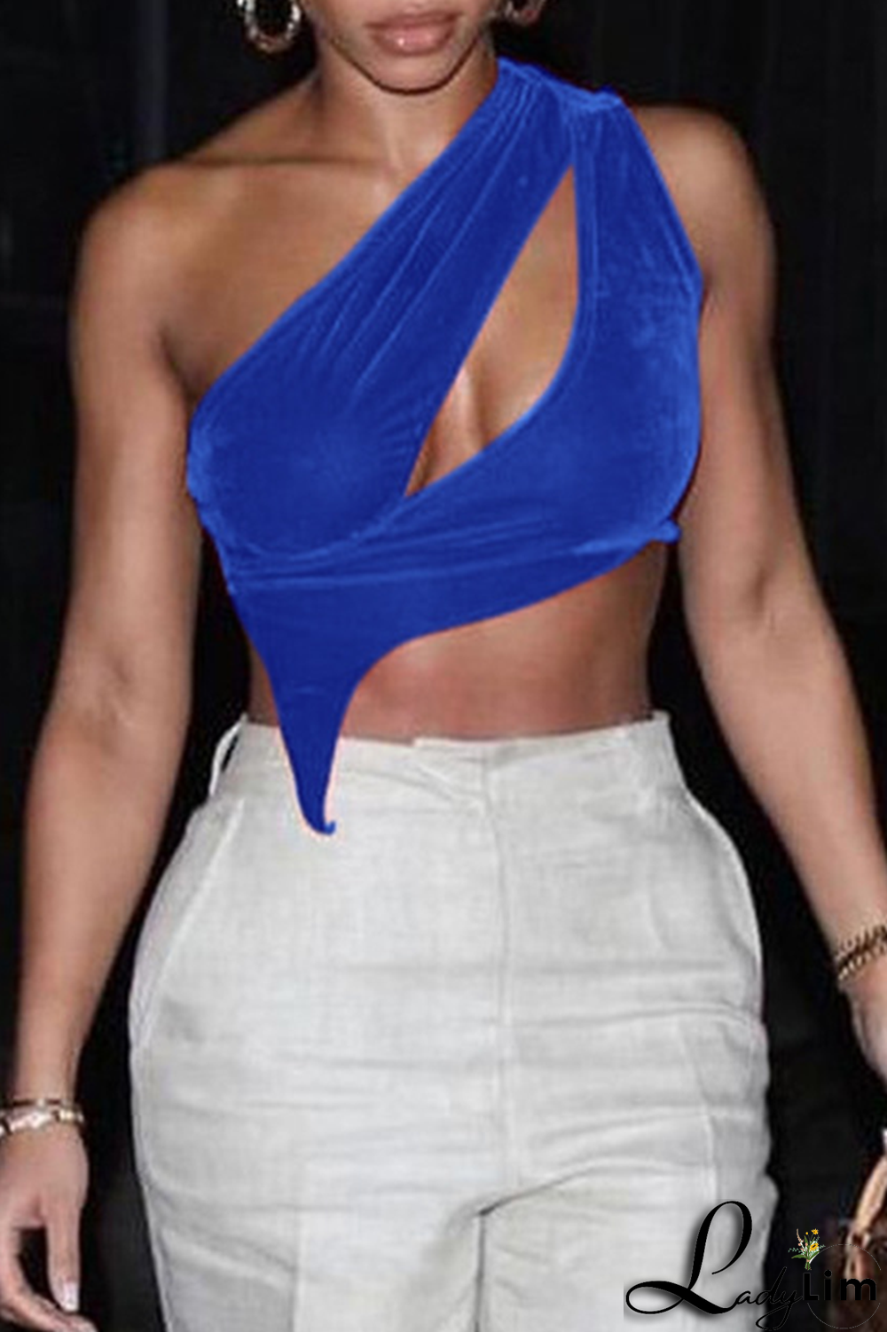 Blue Sexy Solid Split Joint One Shoulder Tops