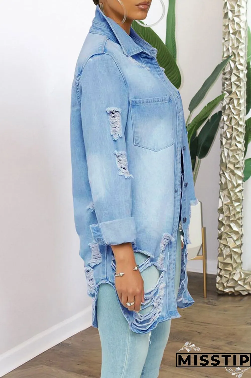 Dark Blue Fashion Casual Solid Ripped Turndown Collar Plus Size Overcoat