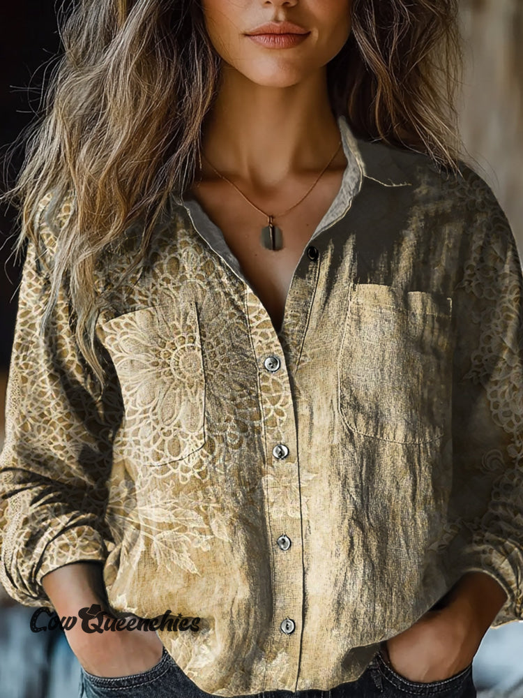 Women&rsquo;s Retro Yellow Flowers Print Casual Long Sleeve Comfortable Cotton Shirt Multicolor / S