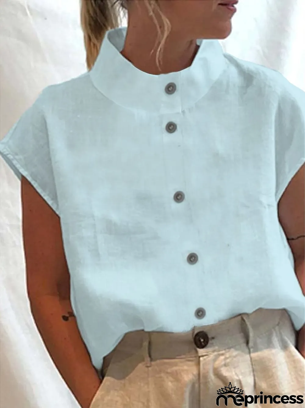 Solid Color Half Turtleneck Button Down Casual Shirt