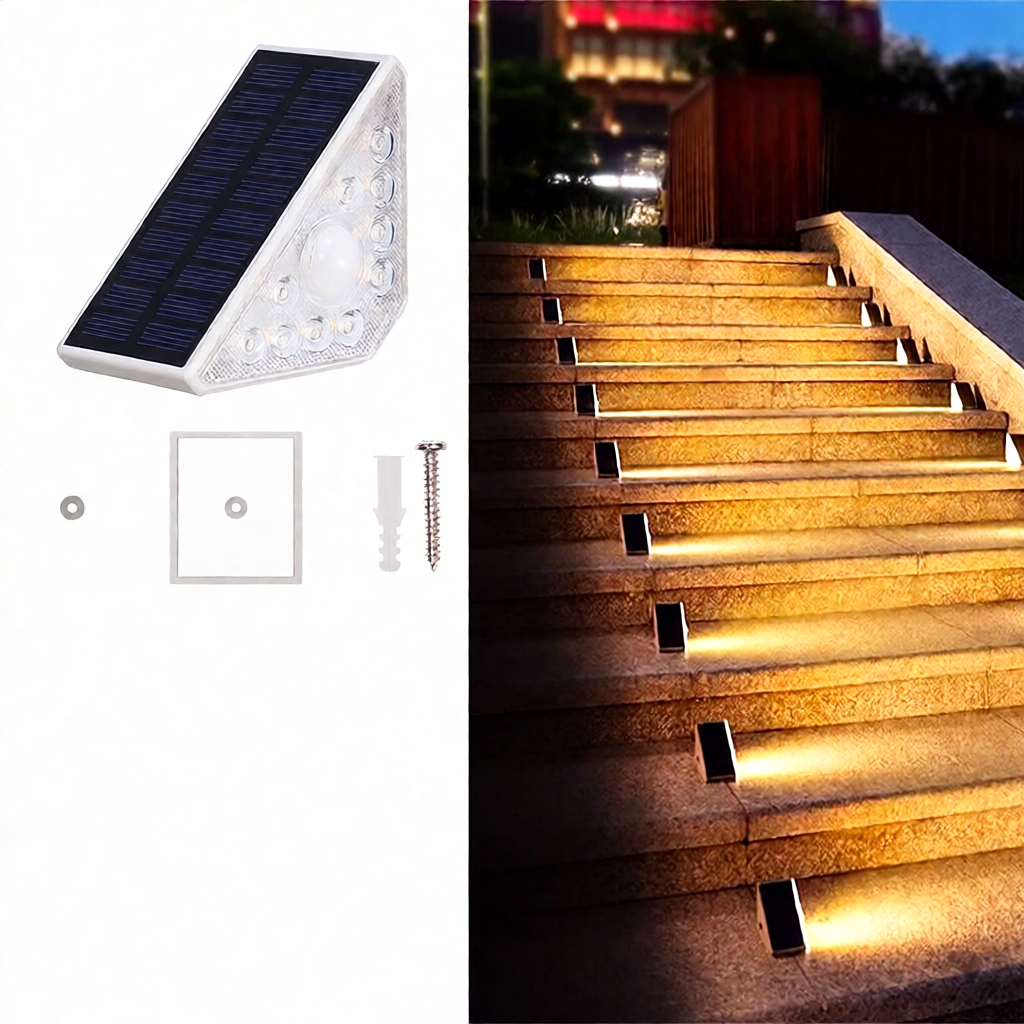 Solar-Powered Triangular Step Light for Outdoor Stairs &ndash; Automatic Night Lighting, No Wiring Required
