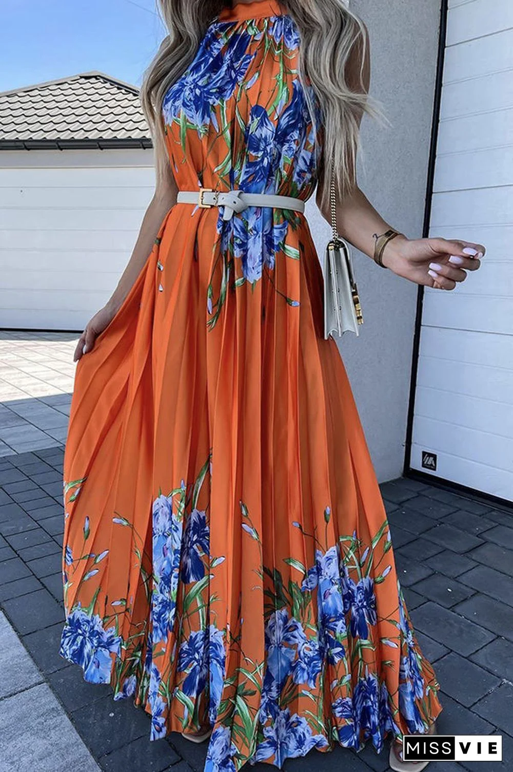 Life In Floral Pleated Halter Neck Maxi Dress