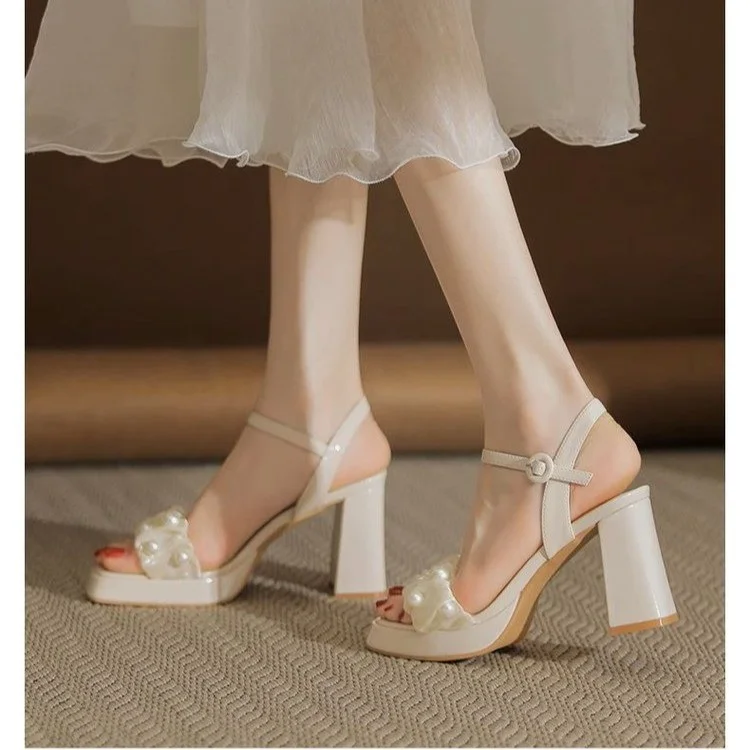 Toloer Toloer Open-Toe Sandals For 2024 New Summer French Dress With Pearl Heels-Outfit Ideas