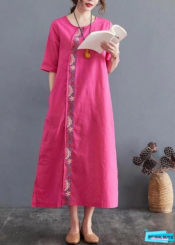 Organic Rose side open Cotton Linen Summer Vacation Dresses