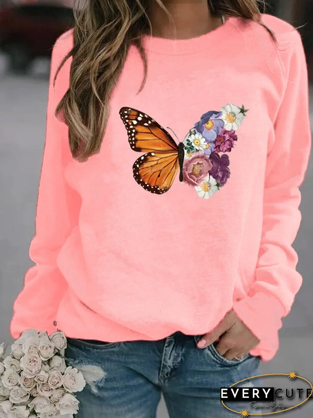 Flower Butterfly Print Long Sleeve Sweatshirt For Women