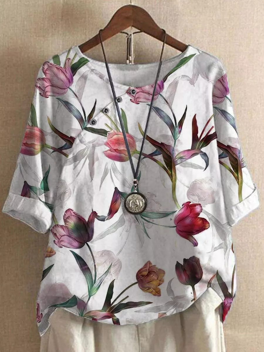 FLORAL PRINT COTTON AND LINEN LOOSE SHORT SLEEVE BLOUSE