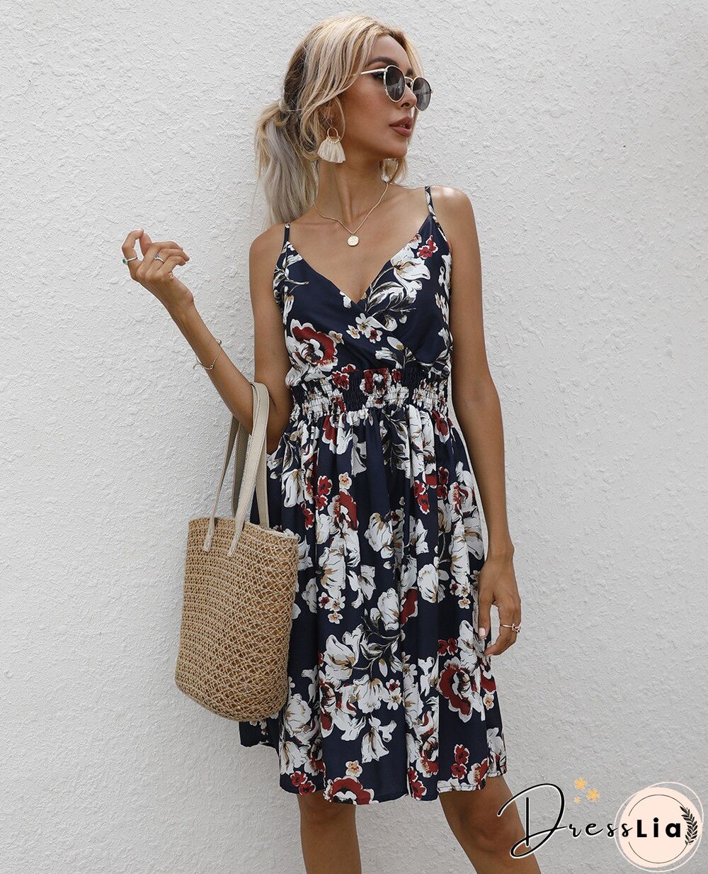 Summer Halter Print V-neck Dress Women Sleeveless Backless Beach Vacation Beach Dress Vestidos Elegantes Para Mujer