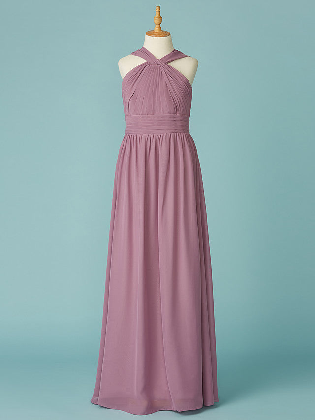 A-Line V Neck Floor Length Chiffon Junior Bridesmaid Dress With Ruffles