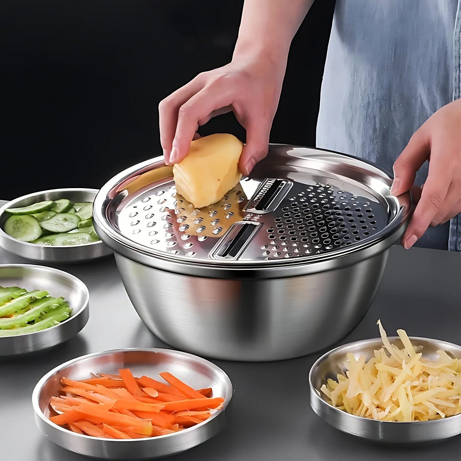 Likron Watches Professional Grade 3-in-1 Stainless Steel Kitchen Prep Set Durable Vegetable Slicer Drain Basin for Effortl...