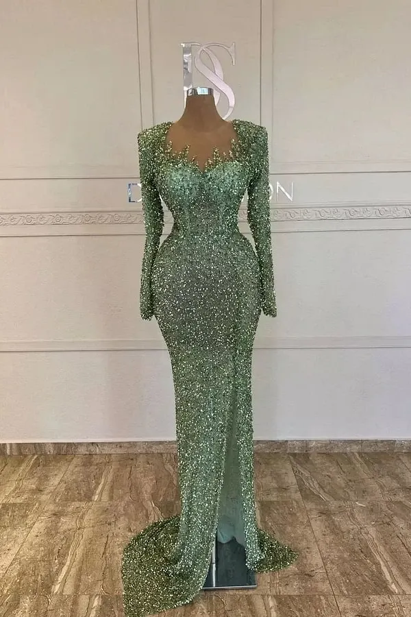 Lussooy Stunning Green Square Neck Beaded Long Sleeves Sheath Prom Dress with Split 