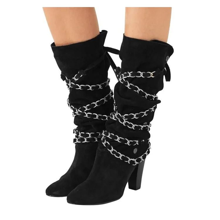 Black Vegan Suede Chain Strappy Mid Calf Slouch Boots with Block Heel |FSJ Shoes