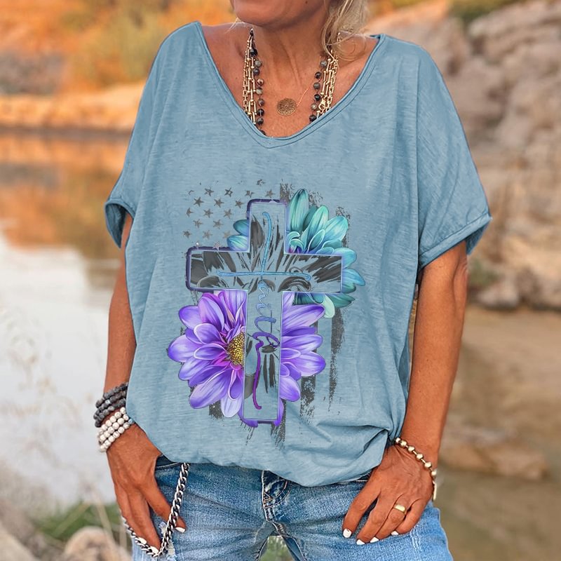Faith Colorful Flowers Cross Printed Hippy T-shirt