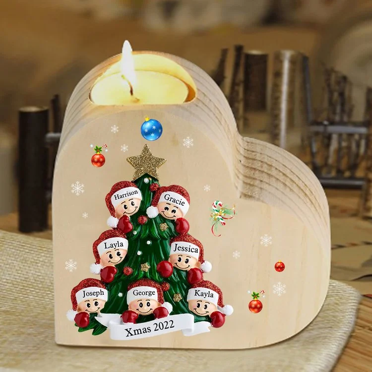Navidad - Candelero de corazón de madera árbol de familia personalizado con 7 nombres y 1 texto sin vela