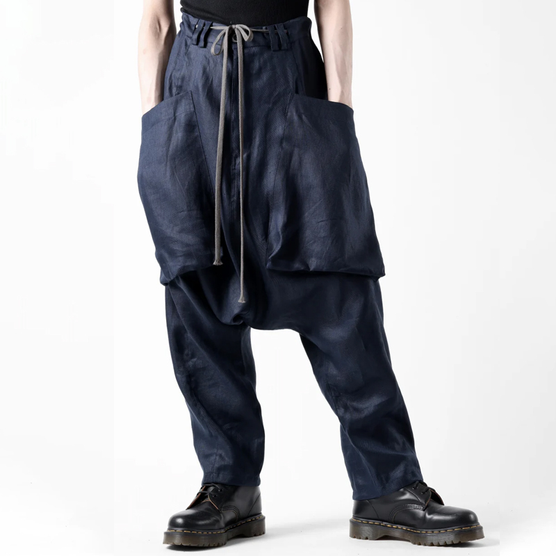 Men's Linen Dark Blue Large Pocket Loose Pants