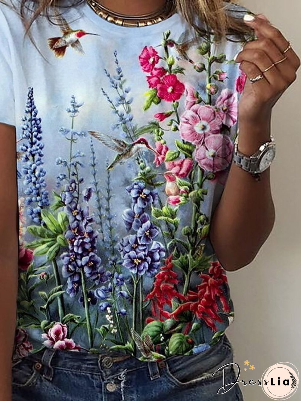 Floral Bird Round Neck Casual Short Sleeve Loosen T-Shirt