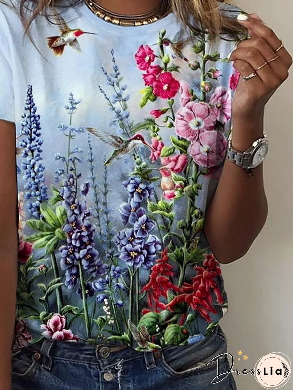 Floral Bird Round Neck Casual Short Sleeve Loosen T-Shirt