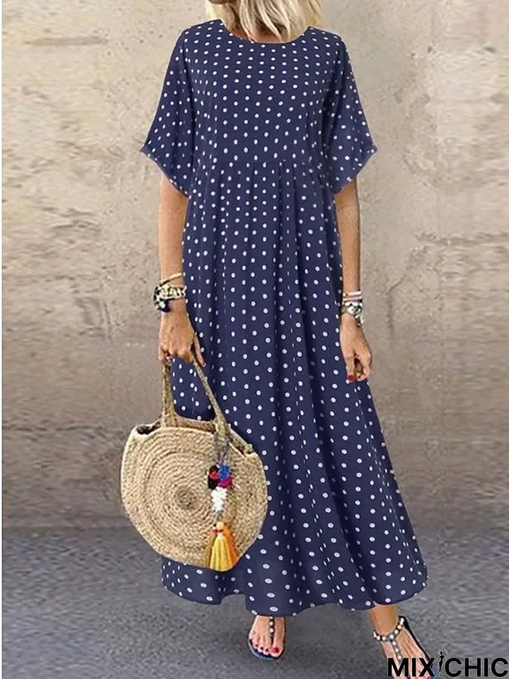 Women's Loose Maxi Long Dress - Half Sleeve Polka Dot Print Summer Hot Casual Holiday Loose Blue Yellow Wine