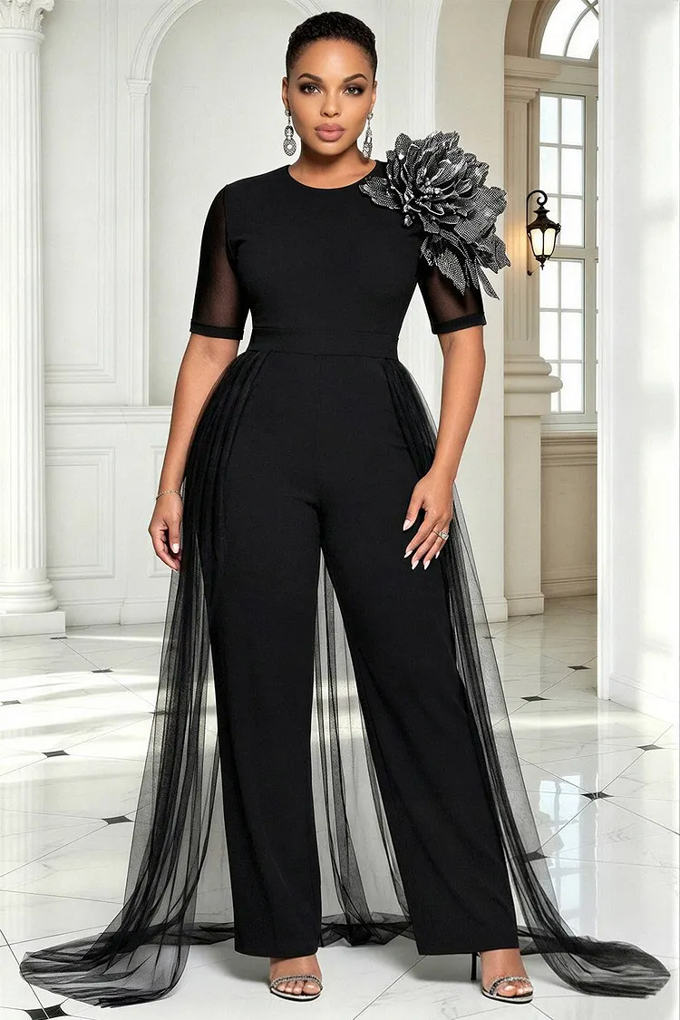 Xpluswear Design Plus Size Formal Elegant Black Round Neck Half Sleeve3D With&nbsp;Skirt&nbsp;Overlay&nbsp;Tulle Jumpsuits [Pre-Order] 2024 - Xpluswear