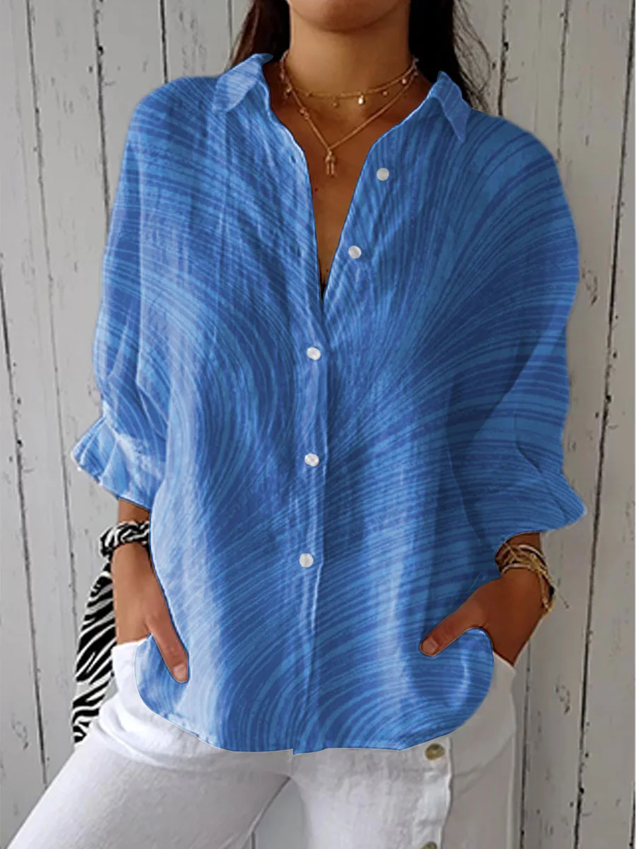 Women's Blue Line Art Print Casual Linen V-neck Shirt