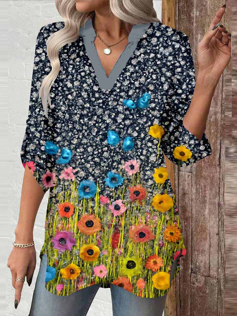 Women Floral, Blue DZGA0049 3/4 Sleeve V-neck Printed Graphic Button Tops