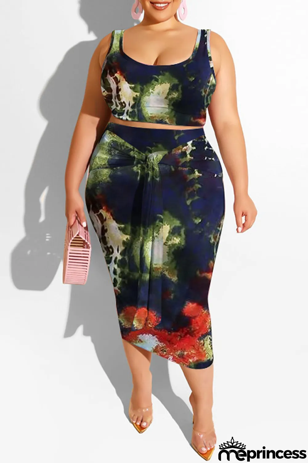 purple Polyester Sexy Slip Print Belt Tie Dye Plus Size