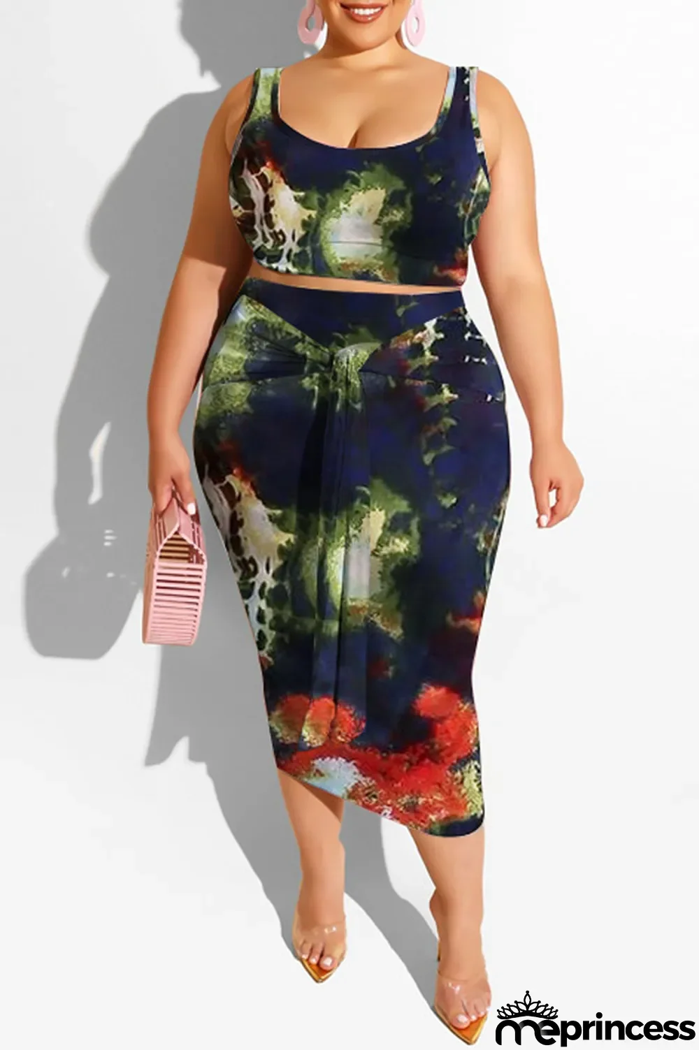 purple Polyester Sexy Slip Print Belt Tie Dye Plus Size