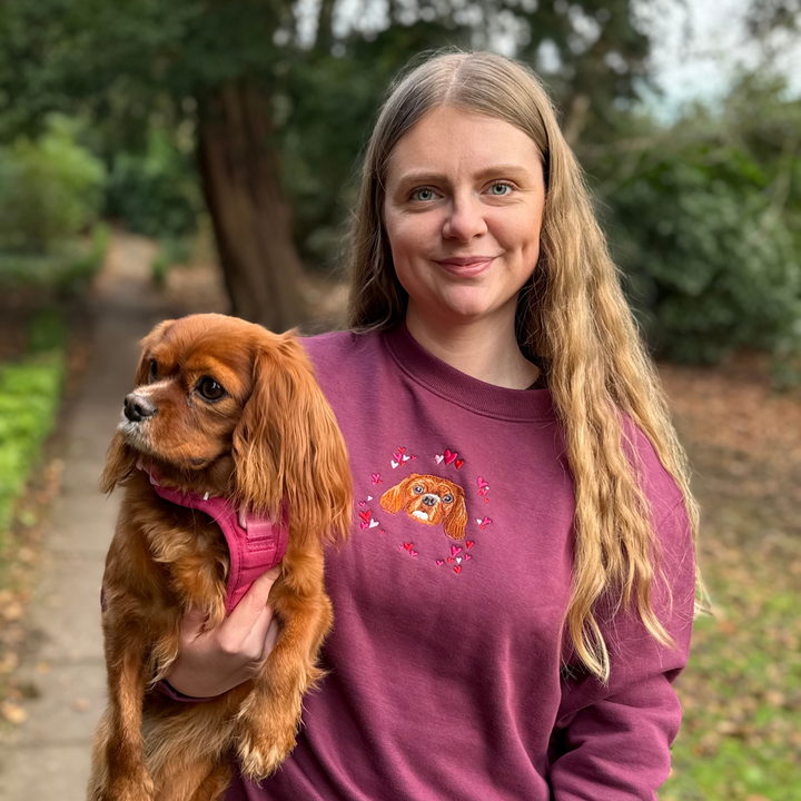 Custom Embroidered Pet Portrait With Pink Hearts Design Valentines Sweatshirt Hoodie T-shirt