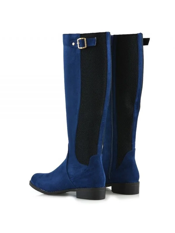 Navy and Black Contrast Knee-high Boots with Round Toe and Flat Heel Vdcoo