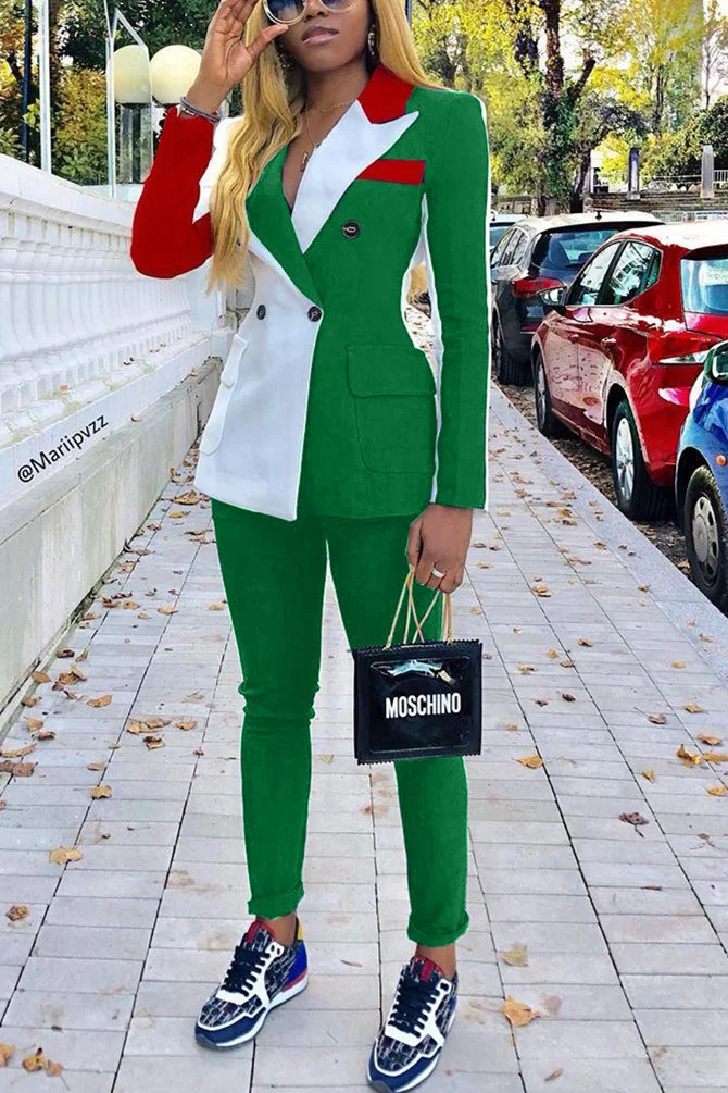 Green Celebrities Two Piece Suits Solid Patchwork Straight Long Sleeve | EGEMISS