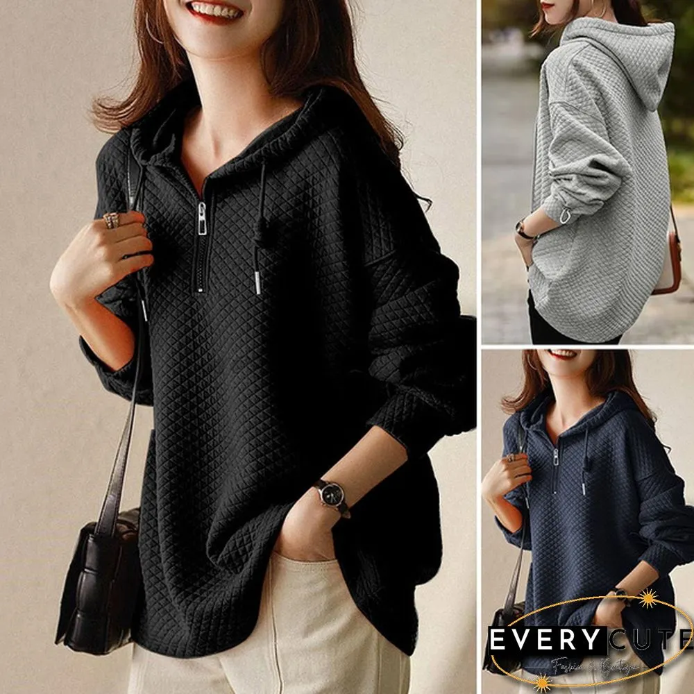 Spring Autumn Warm Fashion Women Zipper Long Sleeve Blouse Sweatshirt Oversized Casual