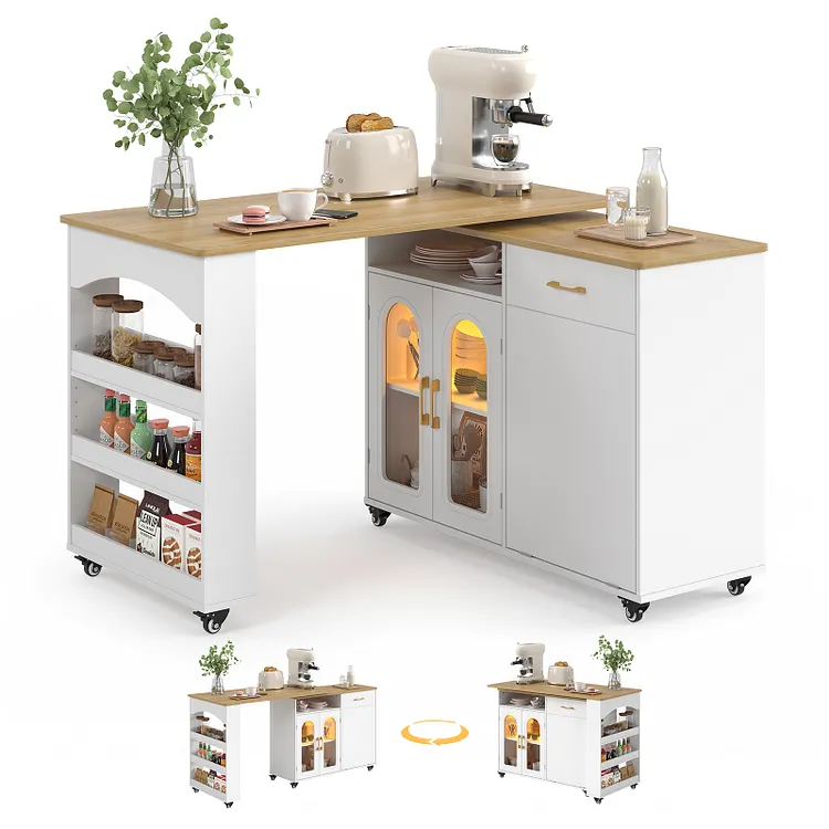 Bestier Kitchen Island with Extendable Dining Table, LED Lighted Rolling Kitchen Island Cart on Wheels with Spice Rack & Drawer & Trash Storage Cabinet , Large Island Table for kitchen