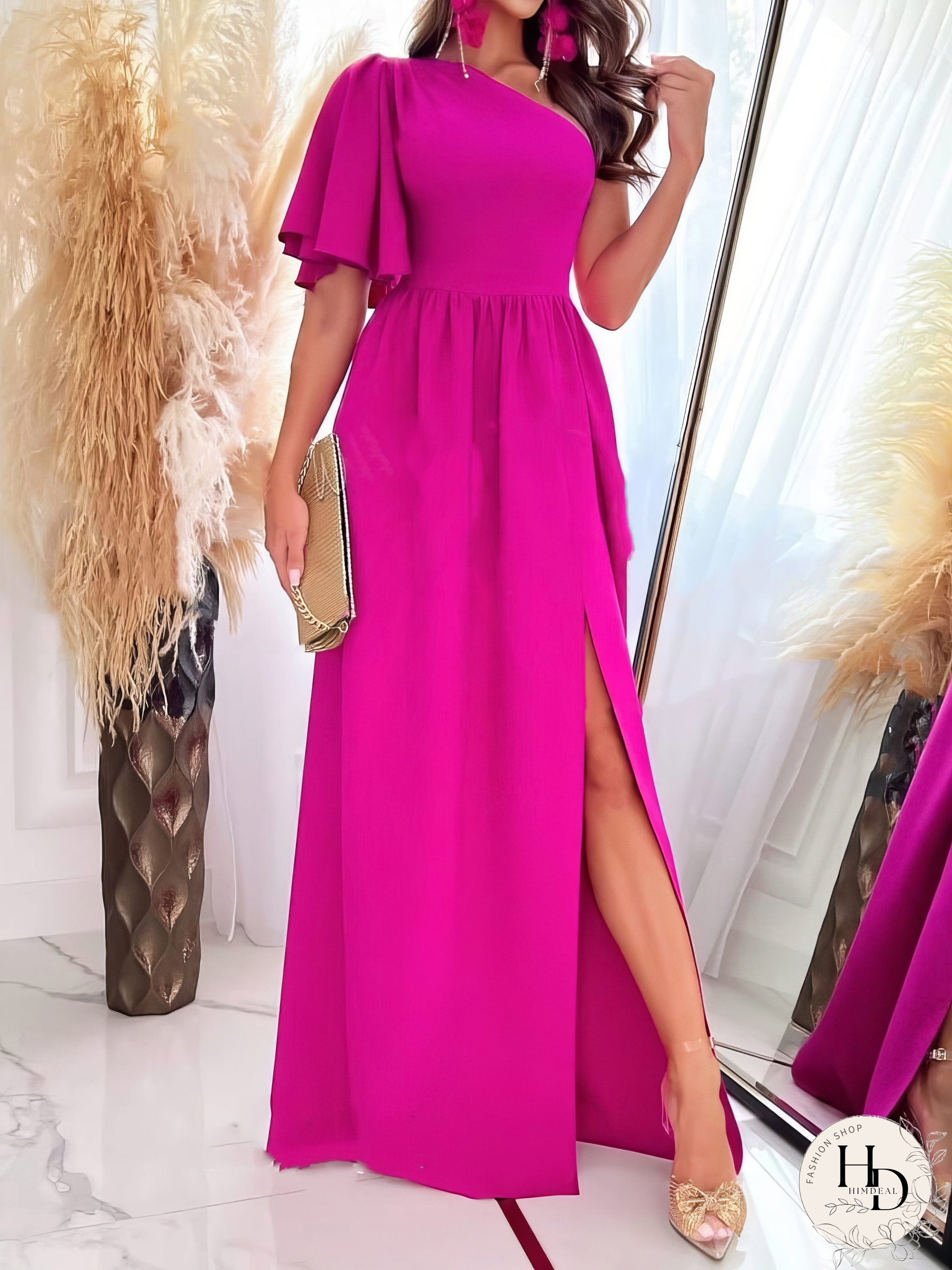 Solid Sloping Shoulder Slit Dress