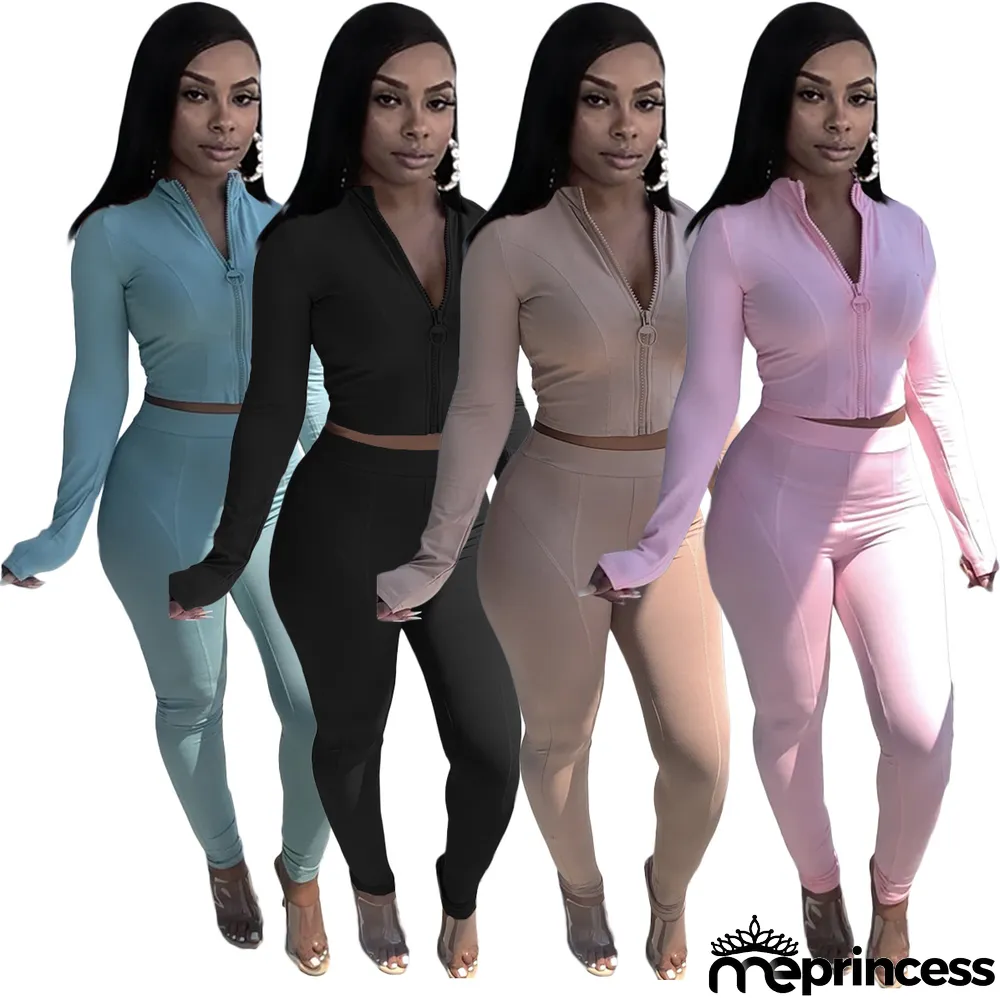 Solid Long Sleeve Zipper Two Piece Pants Set