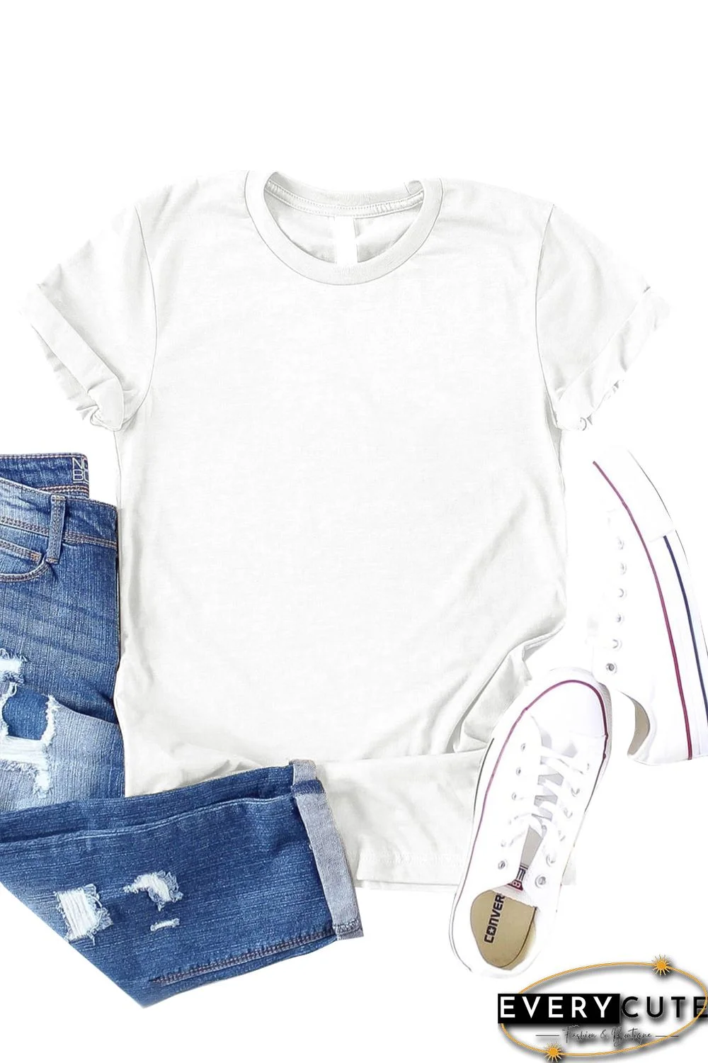 White Solid Color Crew Neck Tee