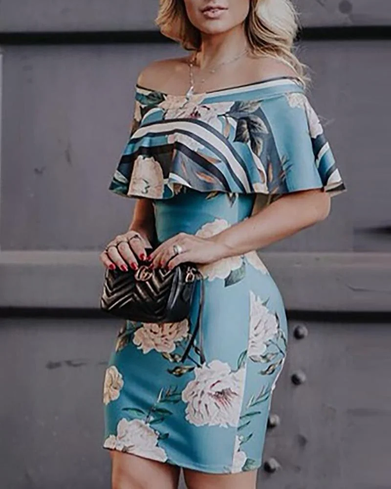 Floral Print Ruffles Bodycon Dress