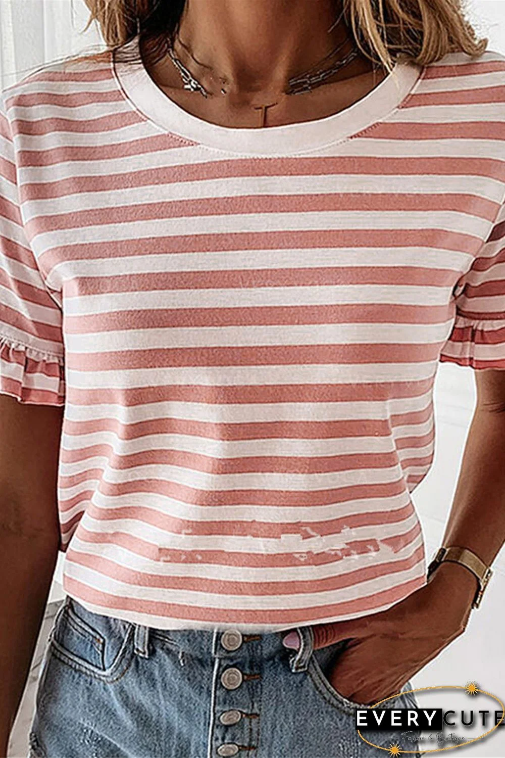 Pink Casual Striped Ruffle Sleeve Short Sleeve T-Shirt