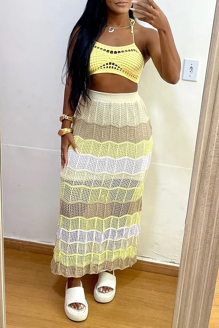 Hollow Out Knit Halter Crop Top Colorblock Maxi Skirt Vacation 2pcs Set-Yellow