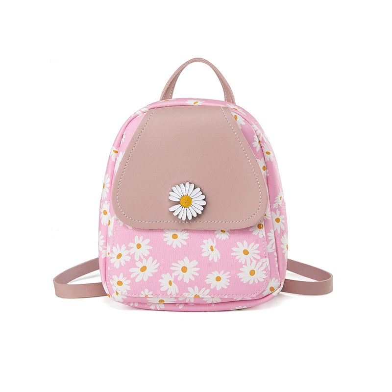 Women’s Small Pu Leather Daisy Cute Streetwear Square Zipper Zipper Backpack