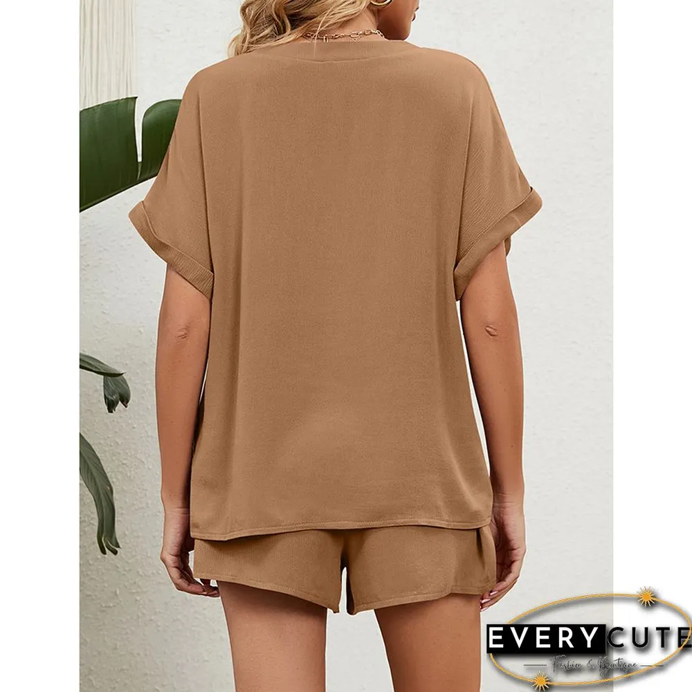 Khaki V Neck Top And Short Lounge Set