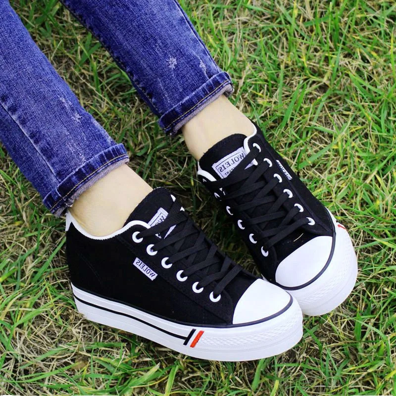 comemore 2021 New Women's Canvas Shoes Fashion Lace-Up Ladies Trainers Casual Sneakers Women High Heels Platform White Sneakers