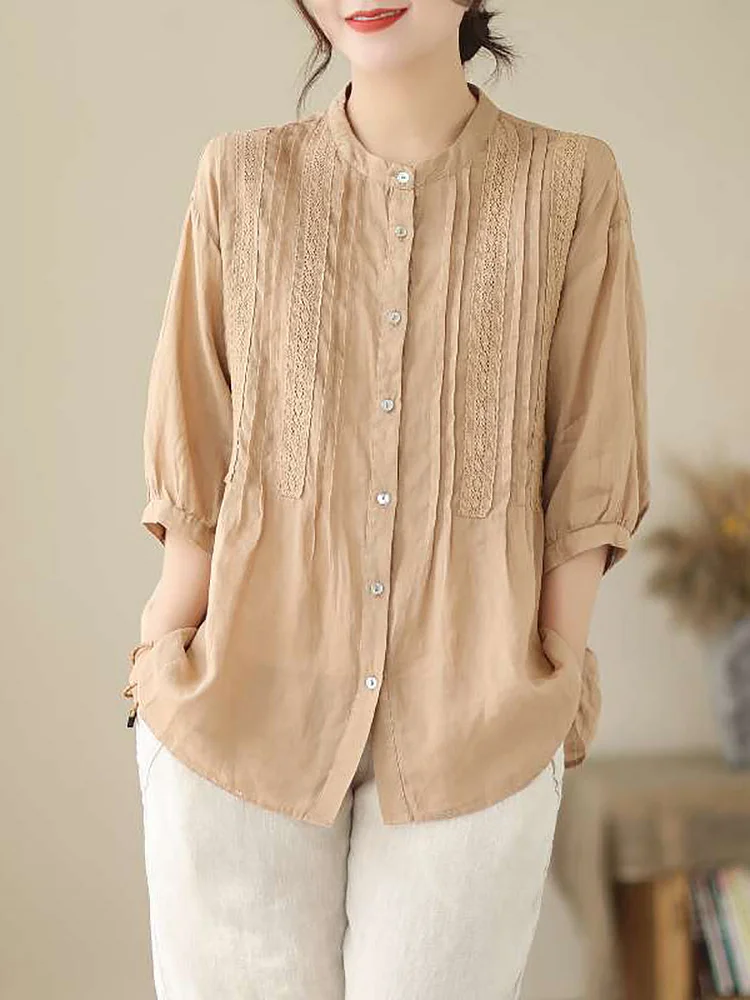 Women Spring Elegant Lacework Spliced Button Ramie Shirt