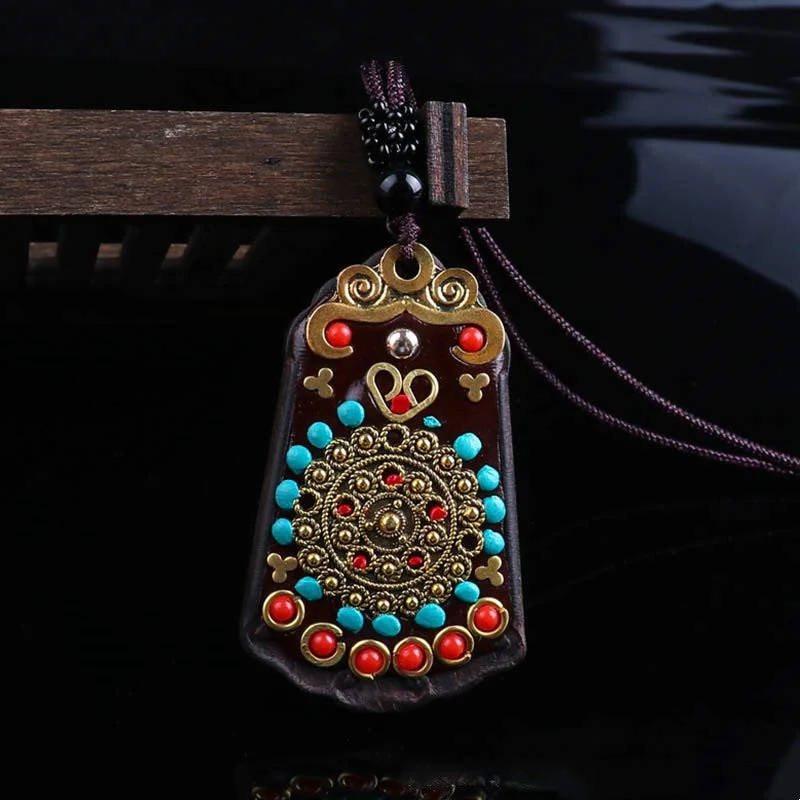 Ebony Wood Elephant Lotus Balance String Necklace Pendant