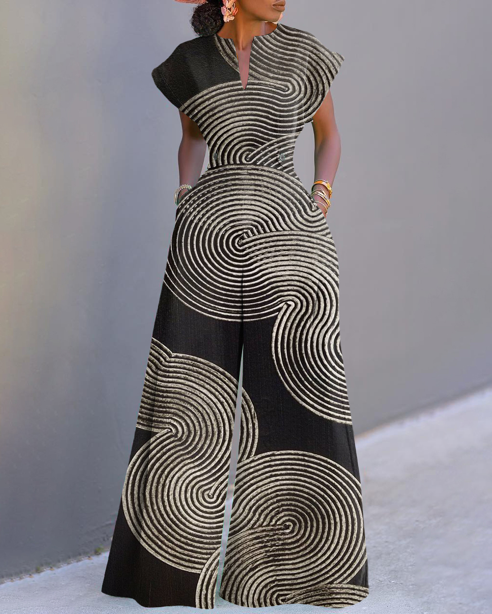 Stripe Spiral Print Neckline Batwing Sleeve Wide Leg Jumpsuit