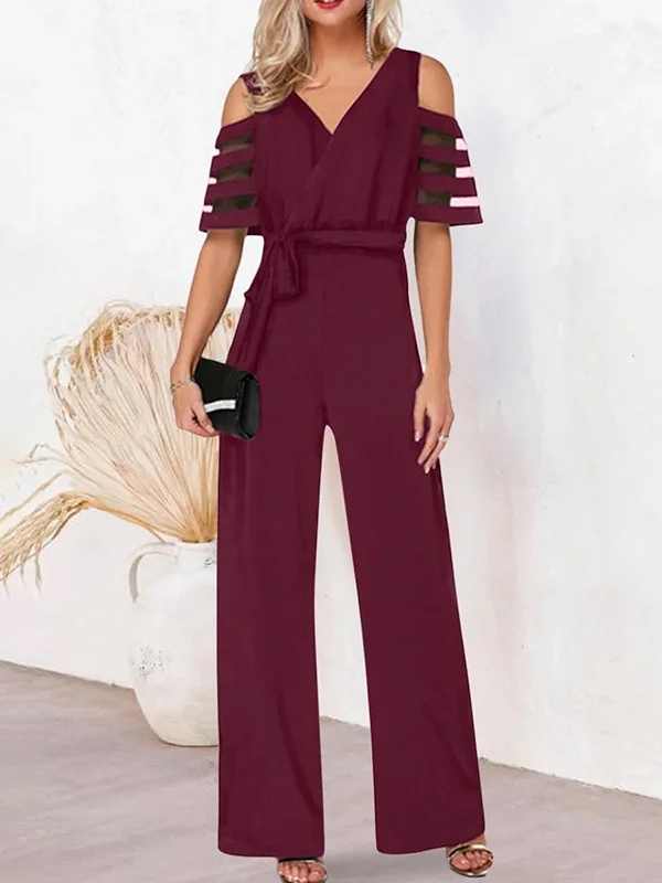 Tied Waist Solid Color Mesh Hollow Wide Leg Loose V-Neck Jumpsuits