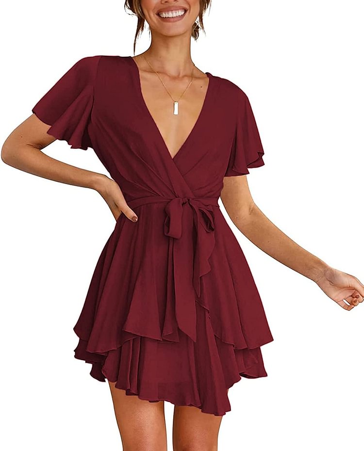 Albe Rita Women's Dress Deep V-Neck Long Sleeve Waist Tie Ruffle Mini Swing Skater Homecoming Dresses