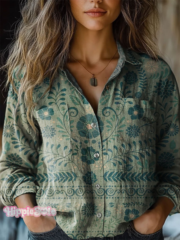 Women’s Retro Flowers Print Casual Long Sleeve Comfortable Cotton Shirt Multicolor / S