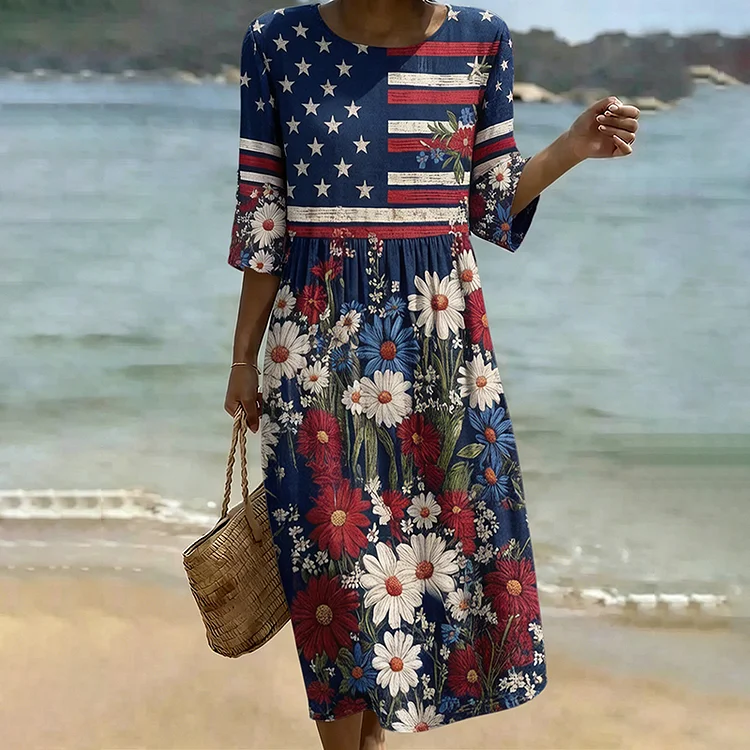 Women's Vintage Independence Day Flag Flower Art Print Midi Dress
