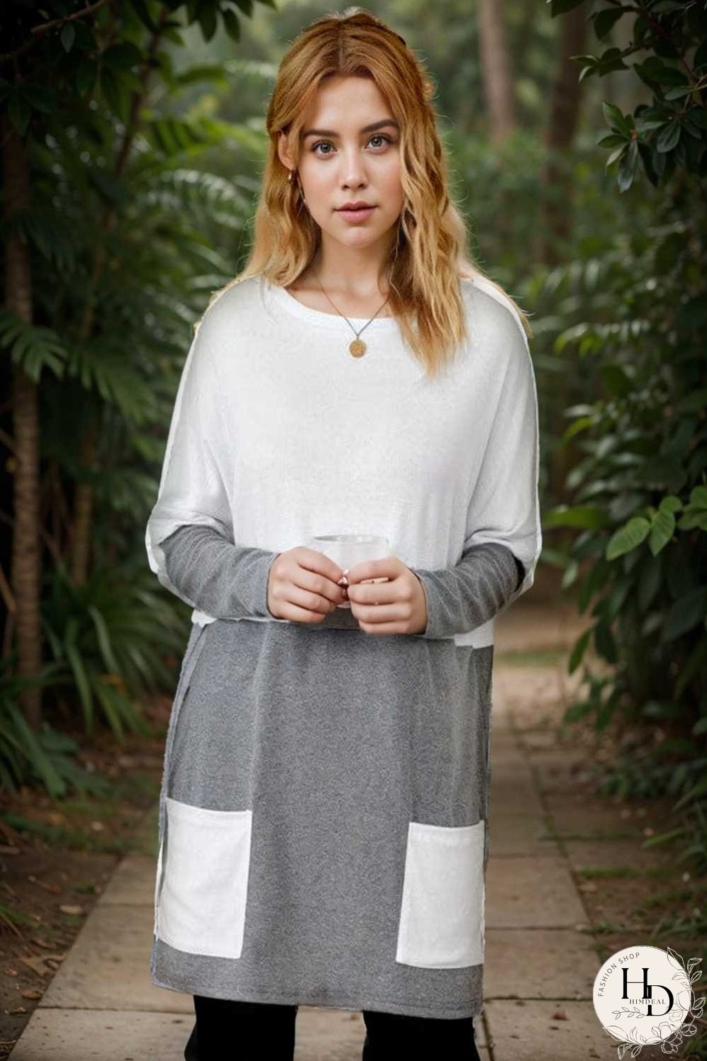 two color stitching pocket loose long sleeve t shirt