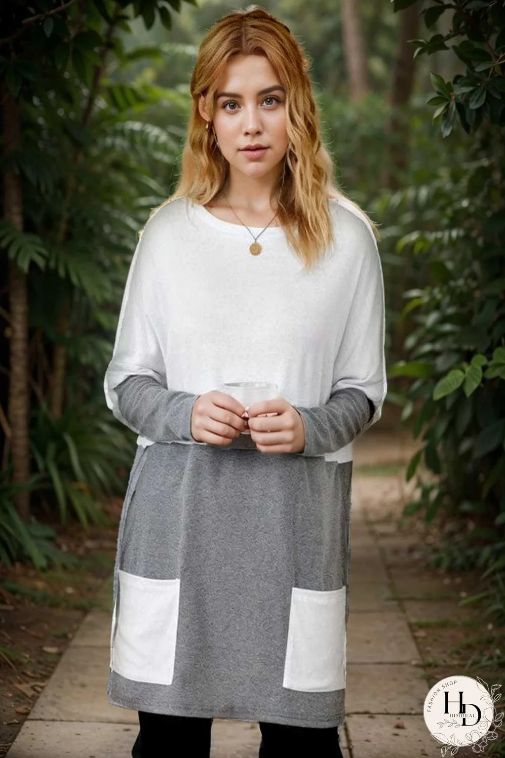 two color stitching pocket loose long sleeve t shirt