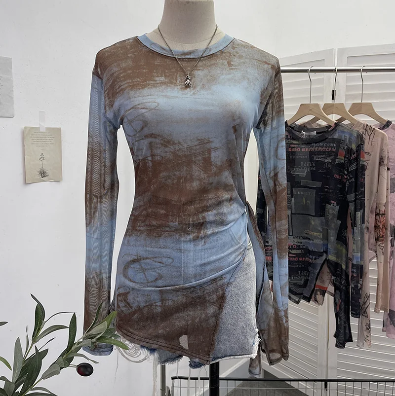 Uveng Vintage Tie-Dye-Print Net Yarn Jersey Long-Sleeved Top Irregularly T-Shirt With Thin Short T-Shirt 1919